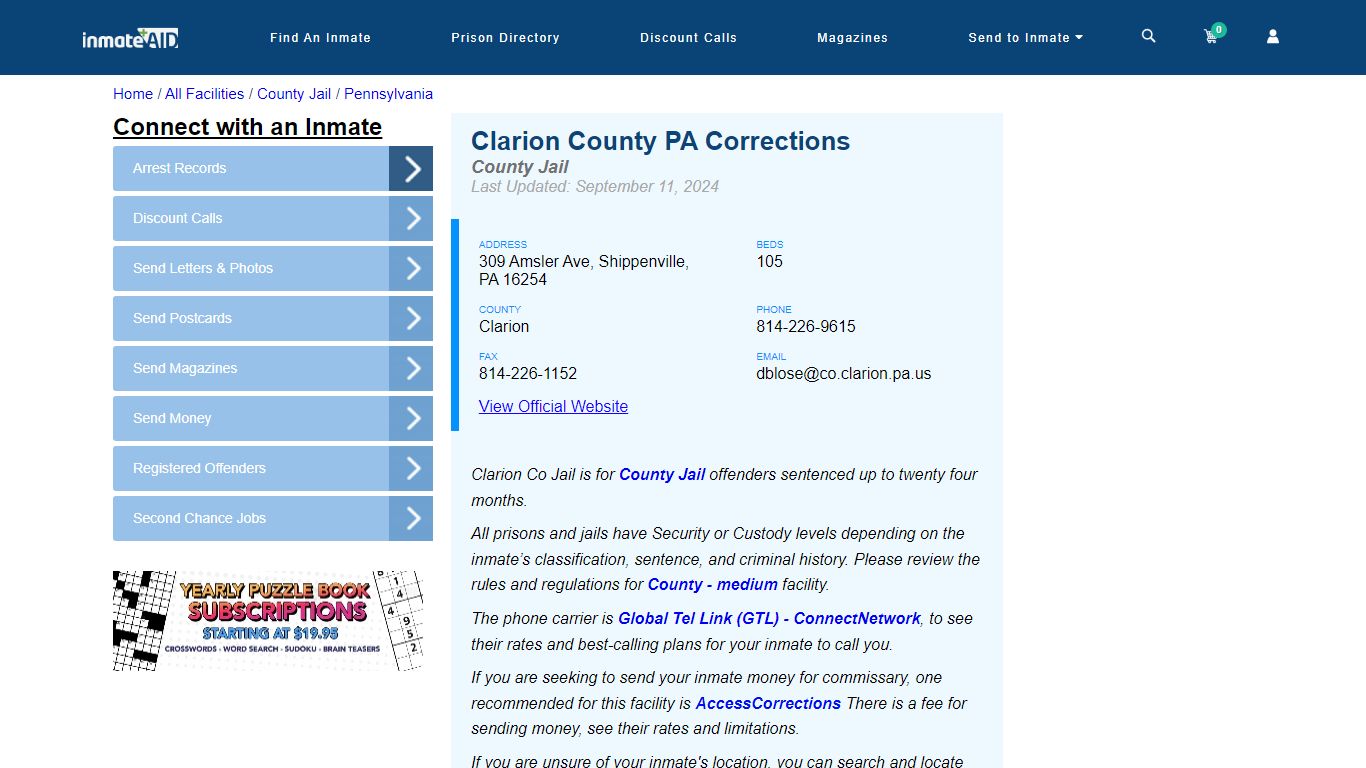 Clarion County PA Corrections - Inmate Locator